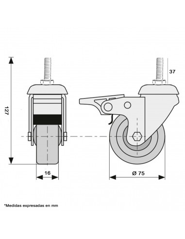 Tradineur - Rueda giratoria con freno y eje para muebles, incluye tornillo de montaje, goma y hierro, rueda de transporte para c
