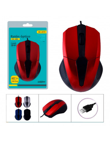 Tradineur - Ratón óptico con cable ergonomico- 1600 DPI - Componentes informáticos para el ordenador - Plug & Play - USB 3.0/2.0