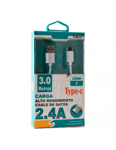 Tradineur - Cable USB / Tipo-C - Longitud de 3 Metro - Alto rendimiento, transmisión de datos y carga de datos - 2.4 A