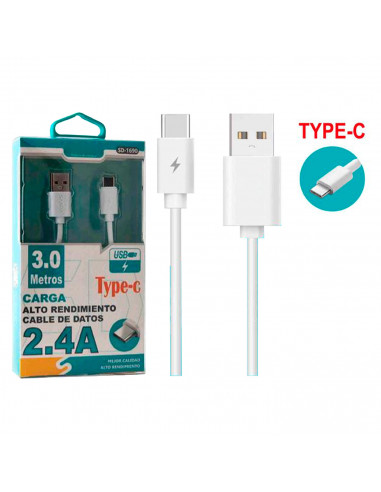 Tradineur - Cable USB / Tipo-C - Longitud de 3 Metro - Alto rendimiento, transmisión de datos y carga de datos - 2.4 A