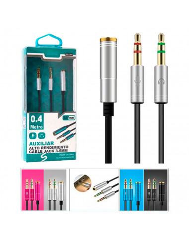 Tradineur - Cable jack de auricular y micrófono - Jack 3,5 mm - Longitud de 0,4 Metros - Acto para teléfonos, Tablets, Ordenador