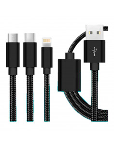 Tradineur - Cable 3 en 1 Universal USB / Tipo-C / iOS - Longitud de 1 Metro - Alto rendimiento, transmisión de datos y carga de