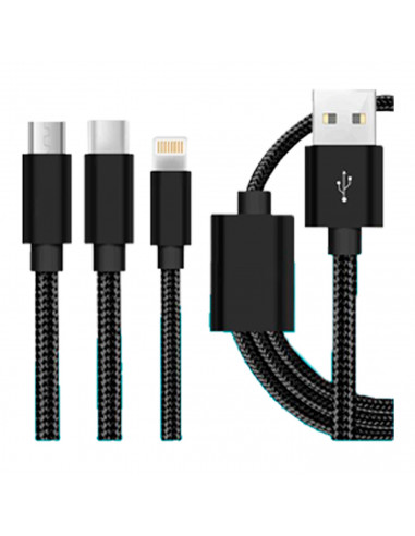 Tradineur - Cable 3 en 1 Universal USB / Tipo-C / iOS - Longitud de 1 Metro - Alto rendimiento, transmisión de datos y carga de