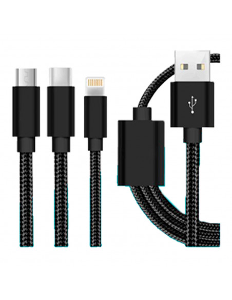 Tradineur - Cable 3 en 1 Universal USB / Tipo-C / iOS - Longitud de 1 Metro - Alto rendimiento, transmisión de datos y carga de
