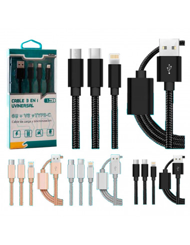 Tradineur - Cable 3 en 1 Universal USB / Tipo-C / iOS - Longitud de 1 Metro - Alto rendimiento, transmisión de datos y carga de