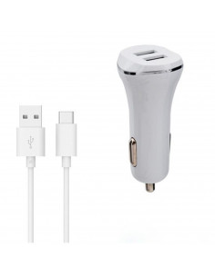Tradineur - Cargado de mechero para coche - Cable USB Tipo-C - Alto rendimiento / Carga rápida - 2 Puertos USB - Color Blanco