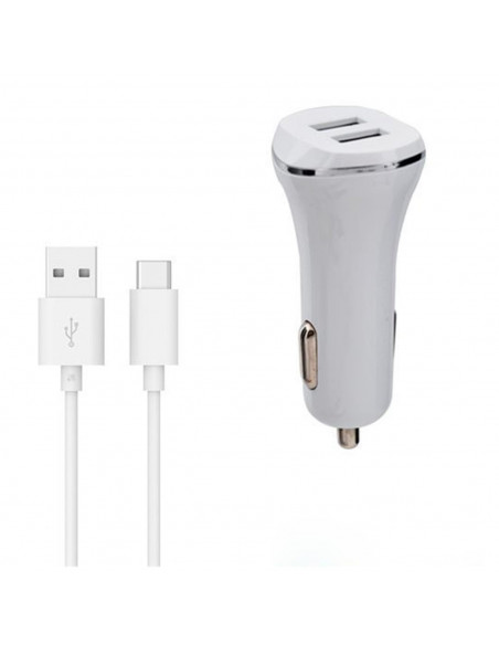 Tradineur - Cargado de mechero para coche - Cable USB Tipo-C - Alto rendimiento / Carga rápida - 2 Puertos USB - Color Blanco