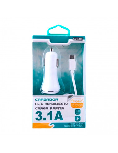 Tradineur - Cargado de mechero para coche - Cable USB Tipo-C - Alto rendimiento / Carga rápida - 2 Puertos USB - Color Blanco