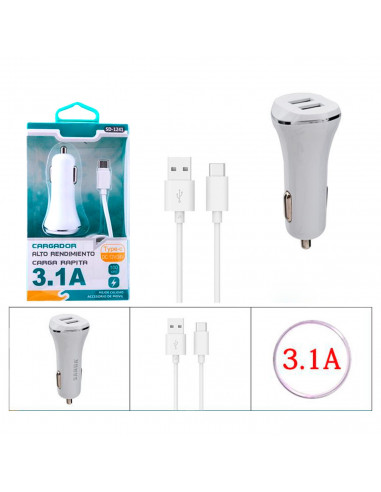 Tradineur - Cargado de mechero para coche - Cable USB Tipo-C - Alto rendimiento / Carga rápida - 2 Puertos USB - Color Blanco