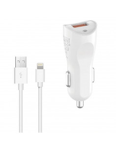 Tradineur - Cargado de mechero para coche - Cable USB Tipo-iOS - Alto rendimiento / Carga rápida - 2 Puertos USB - Color Blanco