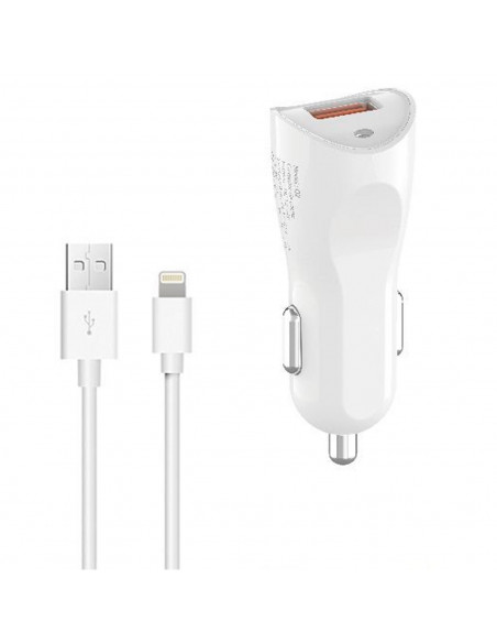 Tradineur - Cargado de mechero para coche - Cable USB Tipo-iOS - Alto rendimiento / Carga rápida - 2 Puertos USB - Color Blanco
