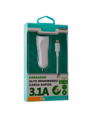 Tradineur - Cargado de mechero para coche - Cable USB Tipo-iOS - Alto rendimiento / Carga rápida - 2 Puertos USB - Color Blanco