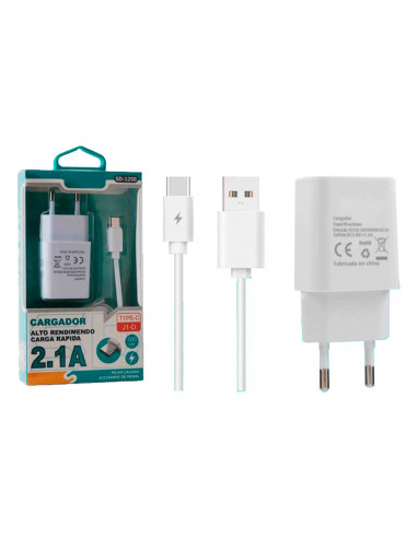 Tradineur - Cargador para móvil 2,1A - Cable USB Tipo-C - Alto rendimiento / Carga rápida - 1 Puertos USB - Color Blanco