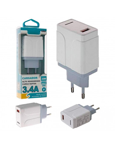 Tradineur - Cargado de móviles 3.4A - Alto rendimiento / Carga rápida / Calidad - 1 Puertos USB - Sin cable - Color Blanco