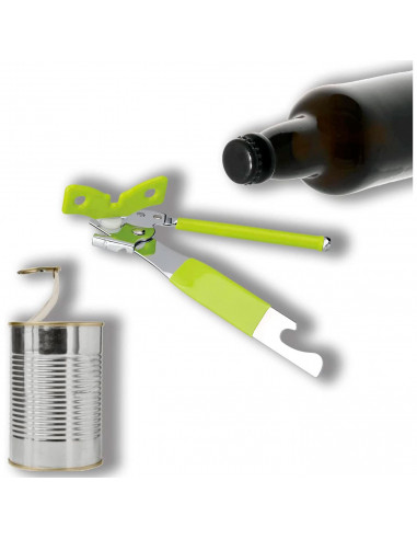 Tradineur - Abrelatas de mariposa con sacachapas, abrebotellas manual de acero inoxidable, abridor, descapsulador con mango anti