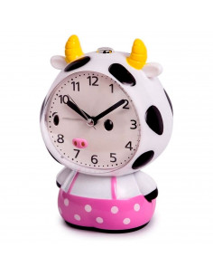 Tradineur - Reloj analógico infantil, despertador con diseño de vaca - Multifunciones - Fabricado en plástico resistente - 20 x