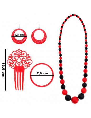Tradineur - Set de flamenca bicolor, plástico, incluye collar, peineta, pulsera y pendientes, complementos para disfraz de sevil