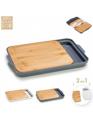 Tradineur - Tabla de cortar de bambú con bandeja inferior de 2 compartimentos, duradera y resistente, natural, ecológico, fácil