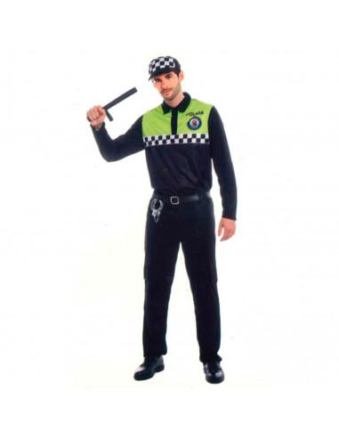 Tradineur - Disfraz de policía adulto, agente policía local, fibra sintética, incluye camiseta, pantalón, gorra y cinturón, carn