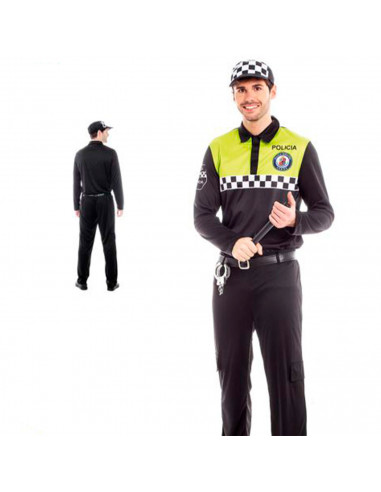 Tradineur - Disfraz de policía adulto, agente policía local, fibra sintética, incluye camiseta, pantalón, gorra y cinturón, carn