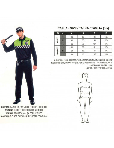 Tradineur - Disfraz de policía adulto, agente policía local, fibra sintética, incluye camiseta, pantalón, gorra y cinturón, carn
