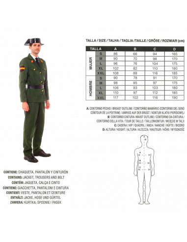 Tradineur - Disfraz de guardia civil para adulto, agente, fibra sintética, incluye chaqueta, pantalón y cinturón, carnaval, Hall