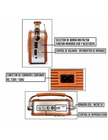 Tradineur - Radio vintage "Jazz" con asa - Sintonizador AM/FM/SW - Sintonizador con Indicador - Batería recargable - Bluetooth -