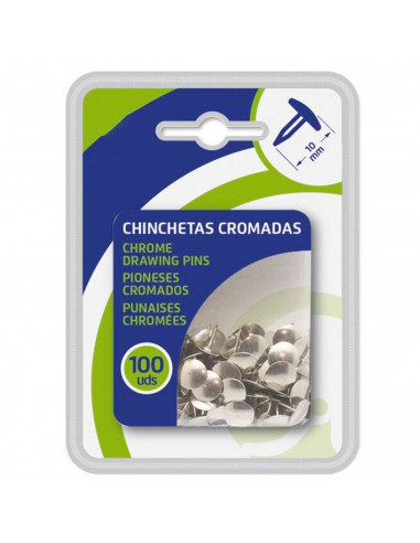 Tradineur - Pack de 100 chinchetas cromadas, tachuelas, pines metálicos niquelados, uso escolar, oficina, colgar notas y fotos (