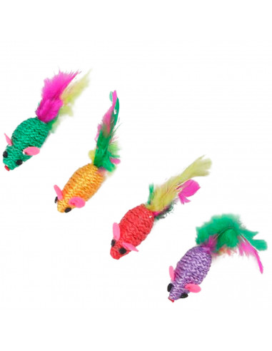 Tradineur - Pack de 2 Ratones de juguete para gatos - Fabricado en España - incluye plumas - 2 x 2,5 x 5 cm - Color Surtido