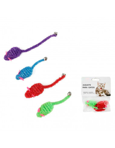 Tradineur - Pack de 2 Ratones de juguete para gatos - Fabricado en España - Incluye cascabel - 2 x 2,5 x 5 cm - Color Aleatorio