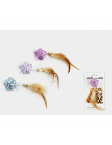 Tradineur - Juguete en forma de estrella para gatos - Fabricado en España - incluye plumas - 19 x 6 x 3 cm - Color Aleatorio
