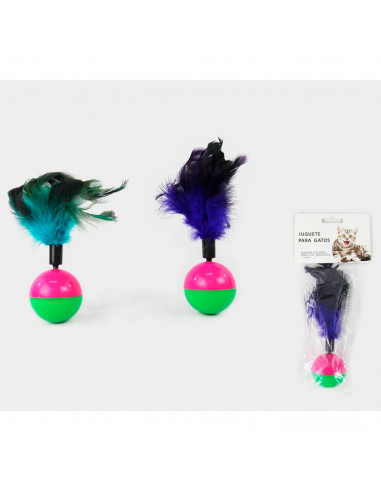 Tradineur - Pelota de plástico con plumas para gatos - Fabricado en España - Juguetes para animales domésticos - Ø 5,5 cm- Color