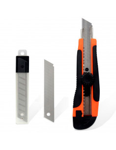 Tradineur - Cúter profesional con 5 cuchillas de recambio, superficie antideslizante, cutter con hoja de 18 mm, bloqueo de segur