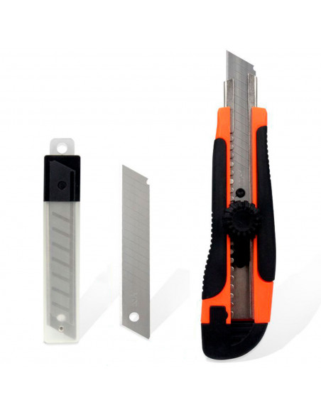 Tradineur - Cúter profesional con 5 cuchillas de recambio, superficie antideslizante, cutter con hoja de 18 mm, bloqueo de segur Tradineur - Cúter profesional con 5 cuchillas de recambio, superficie antideslizante, cutter con hoja de 18 mm, bloqueo de segur