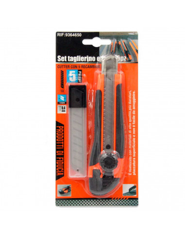 Tradineur - Cúter profesional con 5 cuchillas de recambio, superficie antideslizante, cutter con hoja de 18 mm, bloqueo de segur