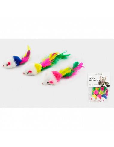 Tradineur - Pack de 3 Ratones con plumas para gatos - Fabricado en España - Juguetes para animales domésticos - Longitud de 5 cm