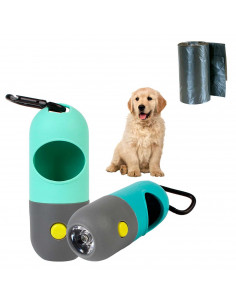 Tradineur - Dispensador de bolsas para excrementos de perro con linterna LED incorporada, clip de metal para correa y un rollo d