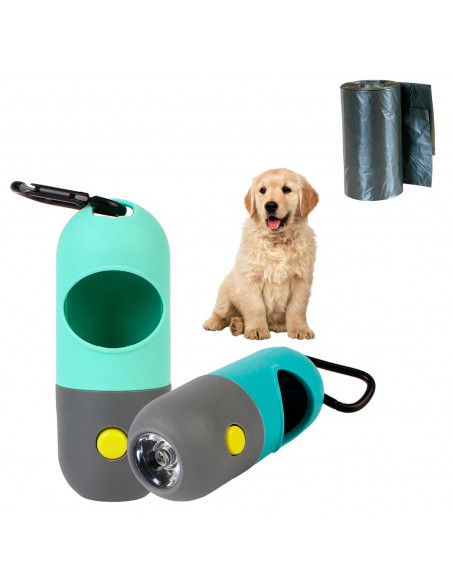 Tradineur - Dispensador de bolsas para excrementos de perro con linterna LED incorporada, clip de metal para correa y un rollo d