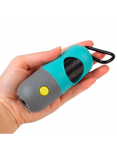 Tradineur - Dispensador de bolsas para excrementos de perro con linterna LED incorporada, clip de metal para correa y un rollo d