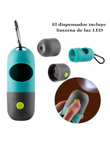 Tradineur - Dispensador de bolsas para excrementos de perro con linterna LED incorporada, clip de metal para correa y un rollo d