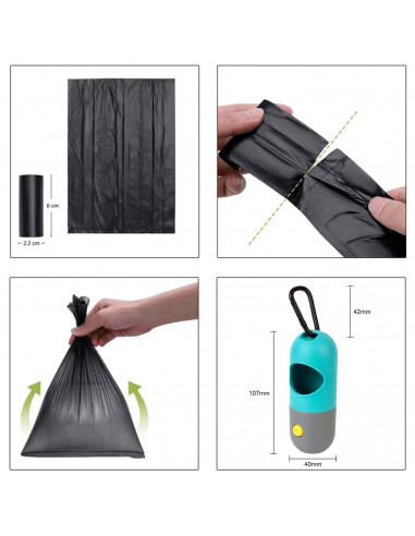 Tradineur - Dispensador de bolsas para excrementos de perro con linterna LED incorporada, clip de metal para correa y un rollo d