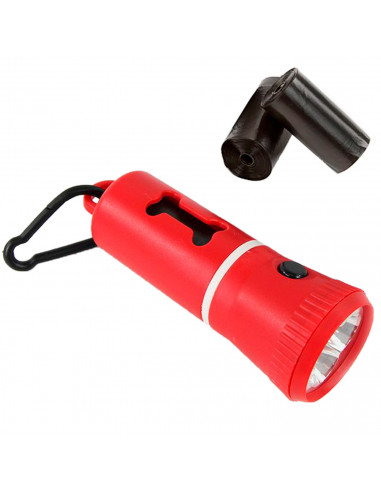 Tradineur - Linterna LED con dispensador de bolsas para excrementos de perro, clip para correa y 3 rollos de bolsas, portabolsas