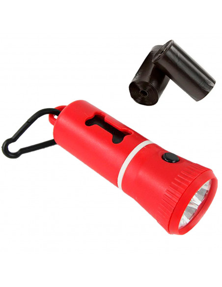 Tradineur - Linterna LED con dispensador de bolsas para excrementos de perro, clip para correa y 3 rollos de bolsas, portabolsas