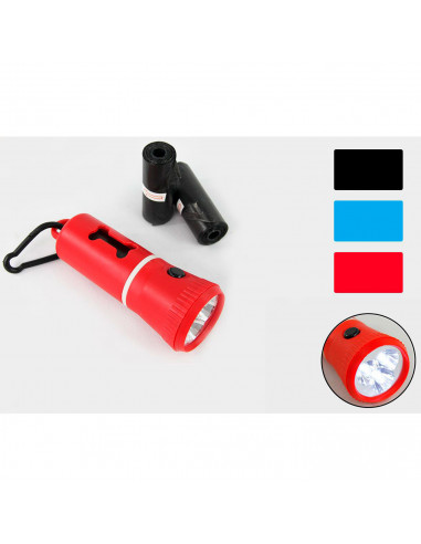 Tradineur - Linterna LED con dispensador de bolsas para excrementos de perro, clip para correa y 3 rollos de bolsas, portabolsas