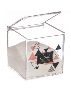 Tradineur - Salero cuadrado de metacrilato transparente con tapa abatible, Cook with Love, recipiente para guardar sal fina o gr