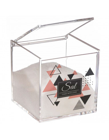 Tradineur - Salero cuadrado de metacrilato transparente con tapa abatible, Cook with Love, recipiente para guardar sal fina o gr