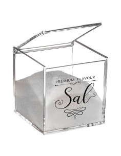 Tradineur - Salero cuadrado transparente de metacrilato con tapa abatible, recipiente para guardar sal fina o gruesa, condimento