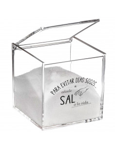 Tradineur - Salero cuadrado de metacrilato transparente, tapa abatible, Añade sal a la vida, recipiente para guardar sal fina o