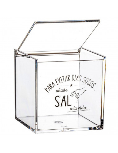 Tradineur - Salero cuadrado de metacrilato transparente, tapa abatible, Añade sal a la vida, recipiente para guardar sal fina o