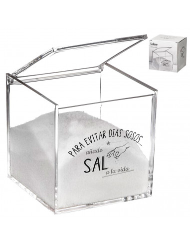 Tradineur - Salero cuadrado de metacrilato transparente, tapa abatible, Añade sal a la vida, recipiente para guardar sal fina o